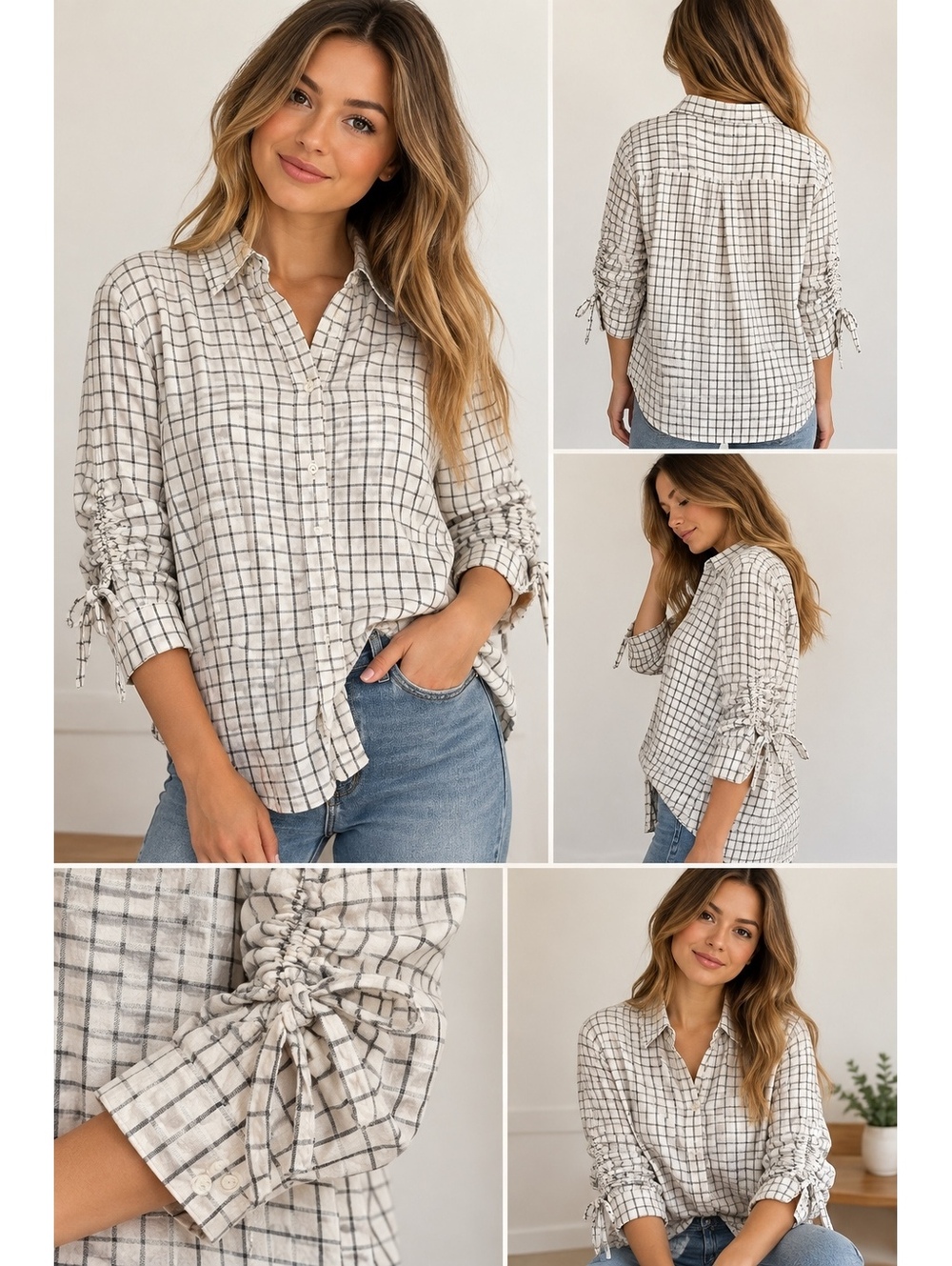 7 For All Mankind Women's Medium Ivory and Black Checkered Button-Up Shirt with